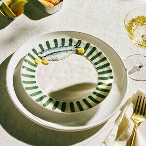 New Anthropologie Micola Seafood Side Plate Green Stripe Sardine Stoneware 8”